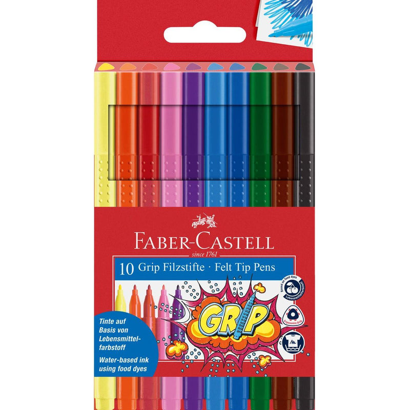 Faber-Castell 10 Grip felt tip pens in red cardboard wallet showing ten colour markers from yellow to black with raised dot grips and a comic style Grip graphic
