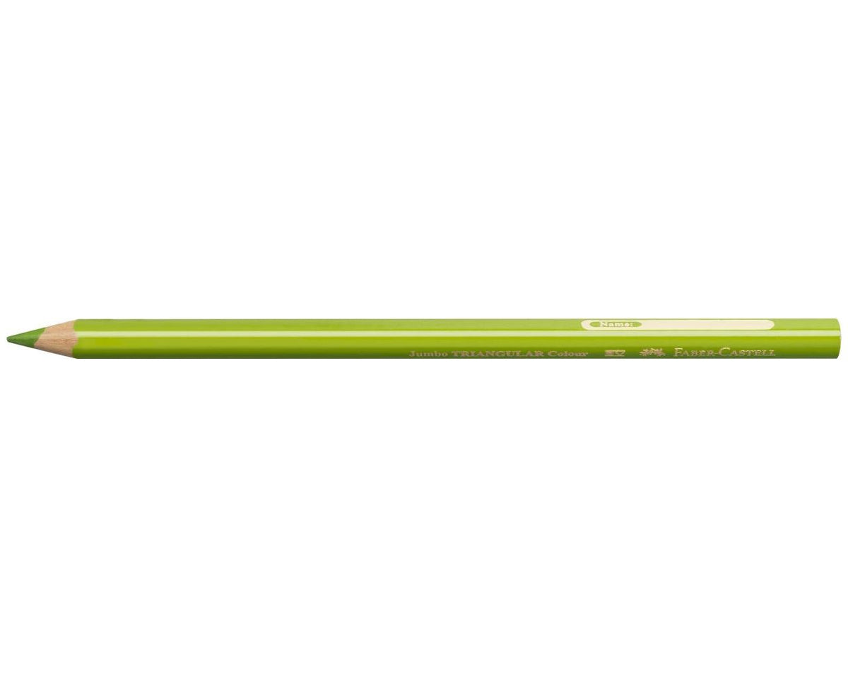Single green Faber-Castell Junior Triangular colour pencil lying flat with sharpened tip, white name space panel and gold Faber-Castell print on the barrel