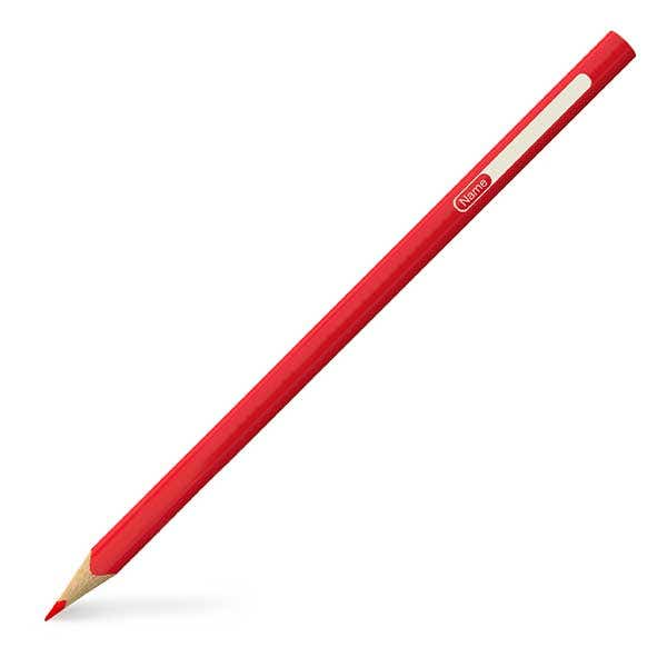 Single red Faber-Castell Junior Triangular colour pencil with sharpened tip and a white printed name space panel on the barrel