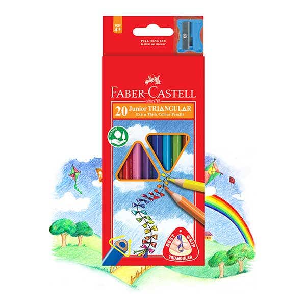 Faber-Castell Junior Triangular 20 pack standing in front of a coloured pencil drawing of kites, trees and a rainbow over green hills