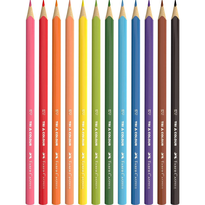 Twelve Faber-Castell Tri Colour triangular pencils standing in a row from pink, red and orange through greens and blues to brown and black, with SV print