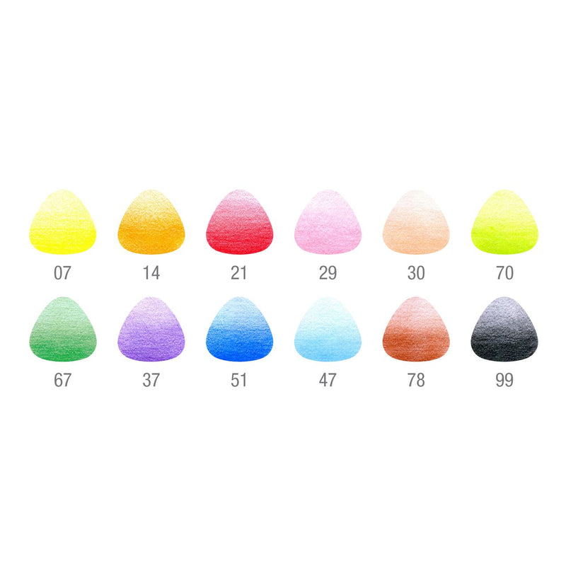 Colour swatch chart for the Faber-Castell Triangular 12 pack showing twelve triangular colour samples numbered 07 to 99 on a white background