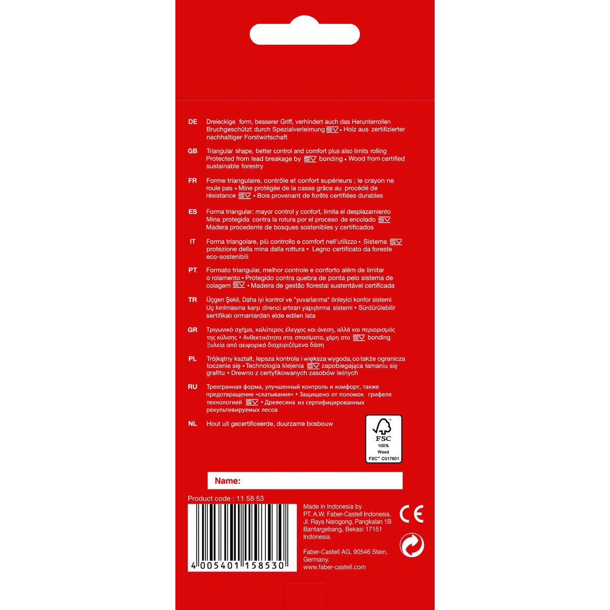 Back of the Faber-Castell Triangular Colour Pencils pack with multilingual text, FSC 100% wood mark, name panel, barcode and made in Indonesia details