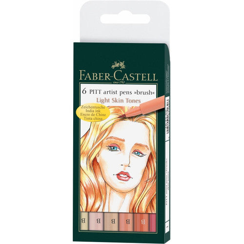 Faber-Castell Pitt Artist Pen brush tip wallet of 6 light skin tone pens arranged in a fan