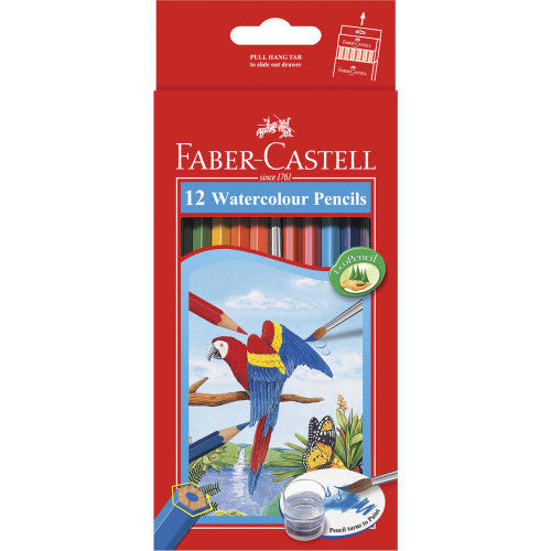 Faber-Castell watercolour pencils in 12 assorted colours with hexagonal barrels, shown fanned out