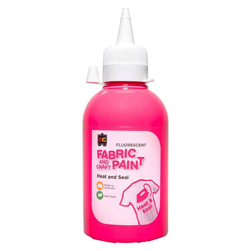 Single 250ml bottle of Educational Colours Fluorescent Pink Fabric and Craft Paint shown on a plain background highlighting the easy squeeze nozzle and vibrant colour.