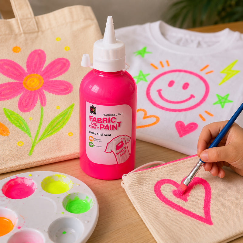 Close up of a person painting a bright pink heart onto a fabric pouch using Educational Colours Fabric and Craft Paint with decorated tote bags and shirts nearby.