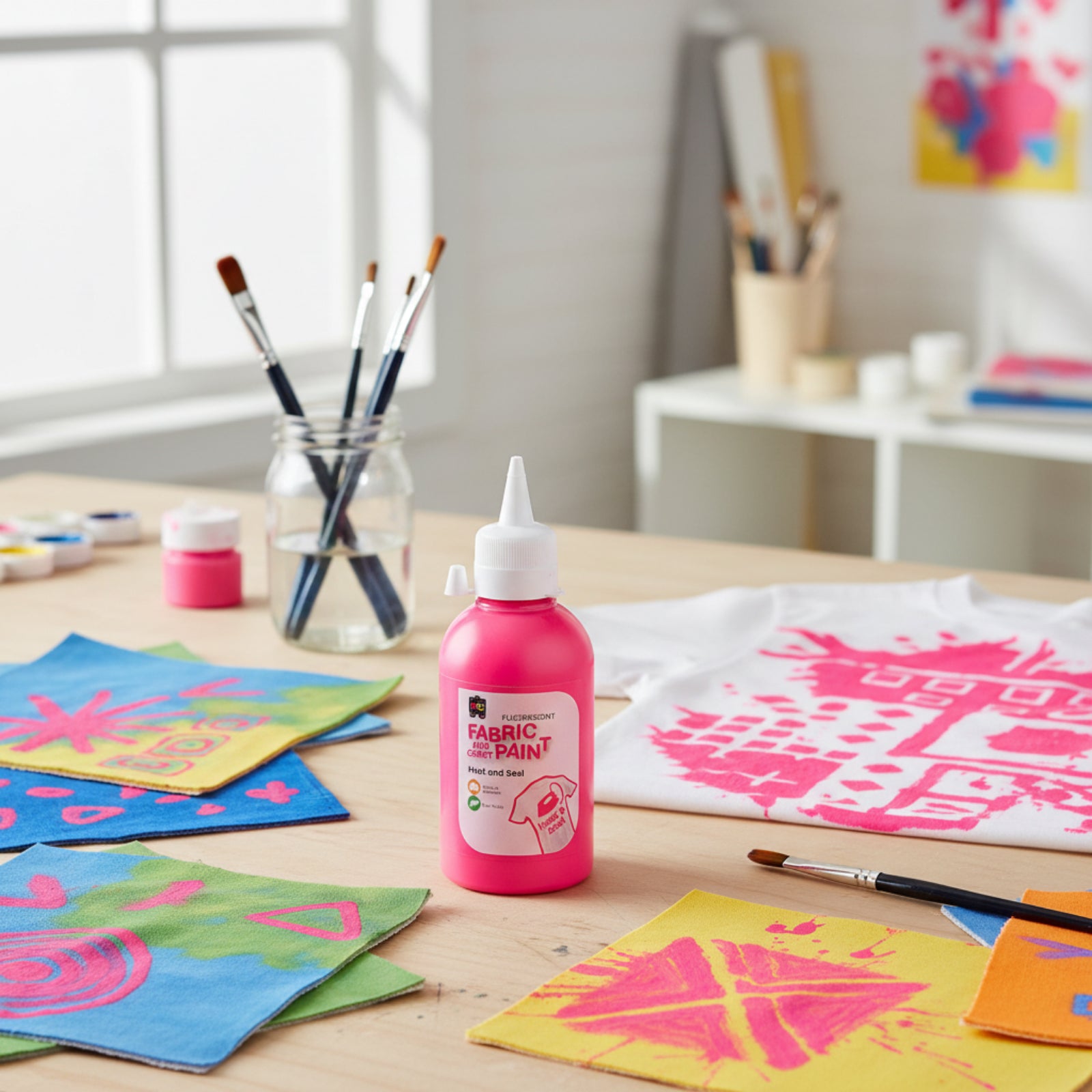 Bottle of fluorescent pink fabric paint displayed beside painted fabric squares, brushes, and custom textile art projects in a bright classroom craft setting.