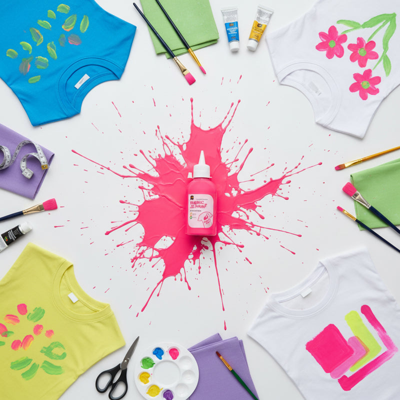 Educational Colours Fluorescent Pink Fabric and Craft Paint surrounded by decorated t shirts, paint brushes, palettes, and colourful fabric craft materials on a creative workspace.