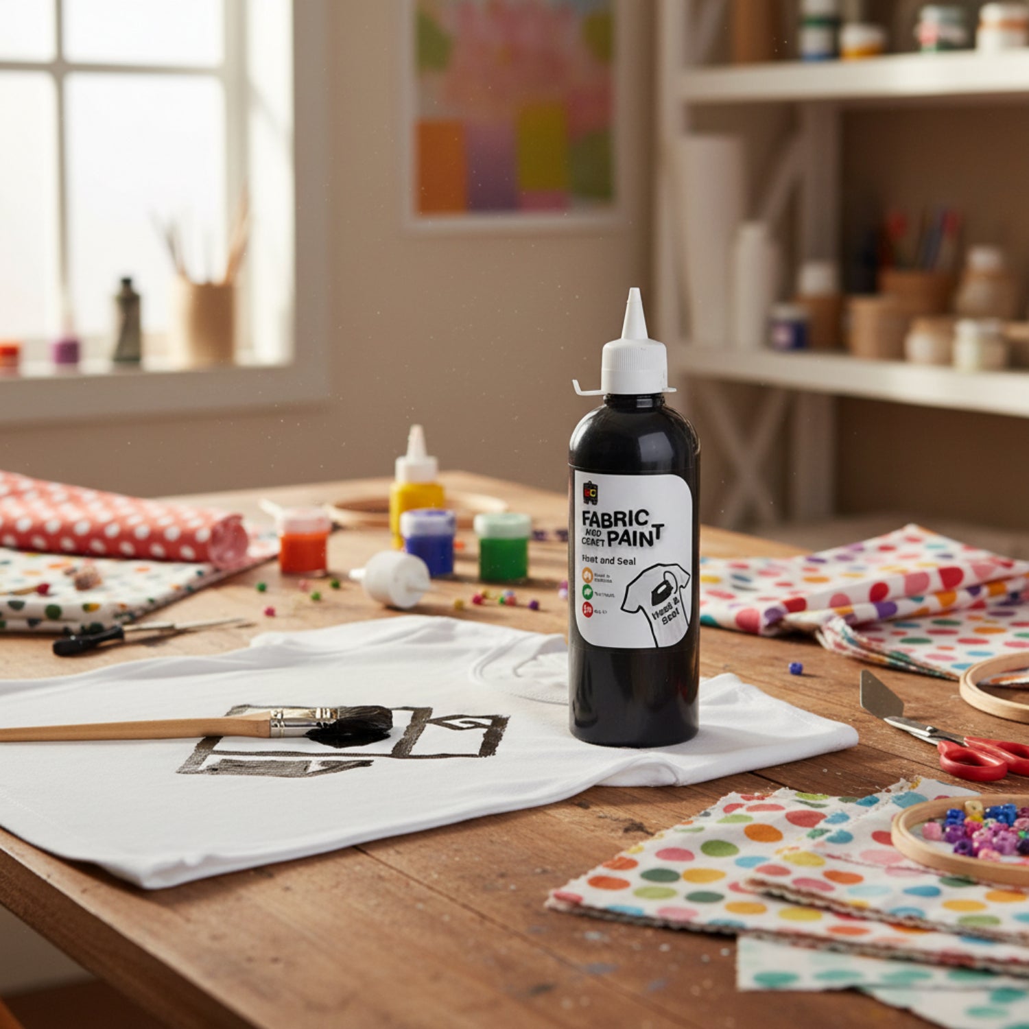 Black fabric and craft paint bottle positioned beside a painted white shirt in a creative workspace filled with colourful craft supplies, patterned fabric pieces, and art materials.