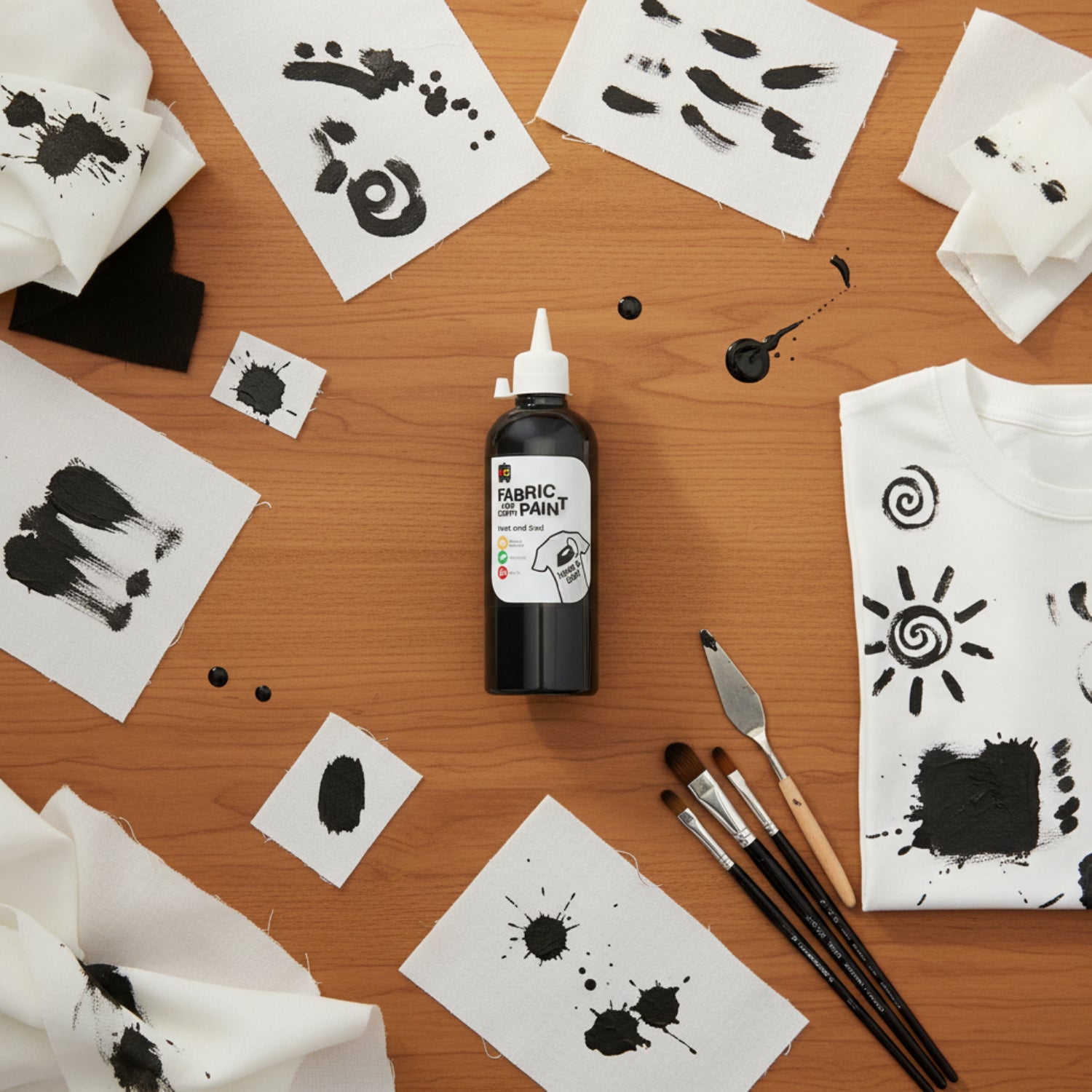 Educational Colours Fabric and Craft Paint 500ml Black displayed on a wooden craft table surrounded by monochrome painted fabric samples, brushes, and black ink inspired textile designs.