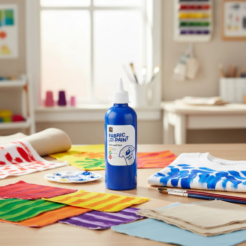 Dark blue fabric and craft paint bottle positioned in a bright creative studio with painted textile samples, craft materials, and artistic fabric designs spread across a workspace.
