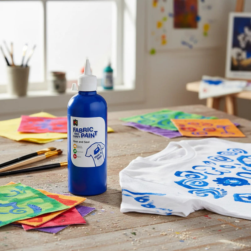 Educational Colours Fabric and Craft Paint 500ml Dark Blue displayed on a rustic art table surrounded by colourful painted fabric swatches, paint brushes, and a white shirt with blue decorative artwork.