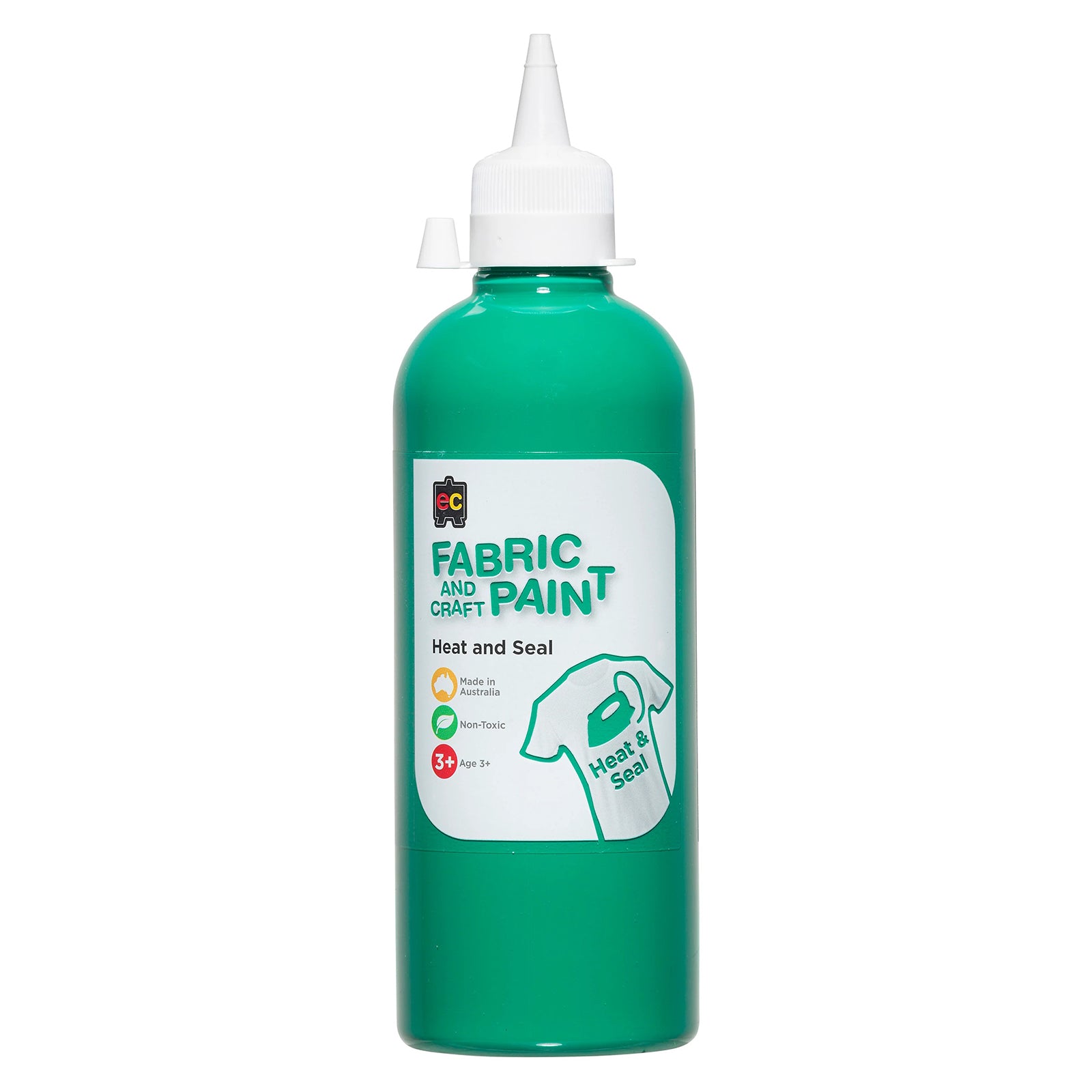 Educational Colours Fabric and Craft Paint 500ml Forest Green in a squeeze bottle with precision nozzle suitable for fabric painting, classroom crafts, mixed media artwork, and decorative projects.