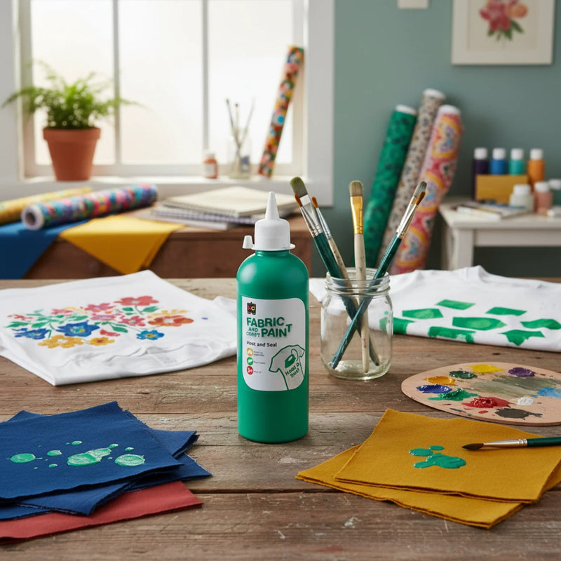 Forest green fabric and craft paint bottle positioned in a colourful art studio with painted fabric pieces, paint brushes, and creative textile projects spread across a wooden table.