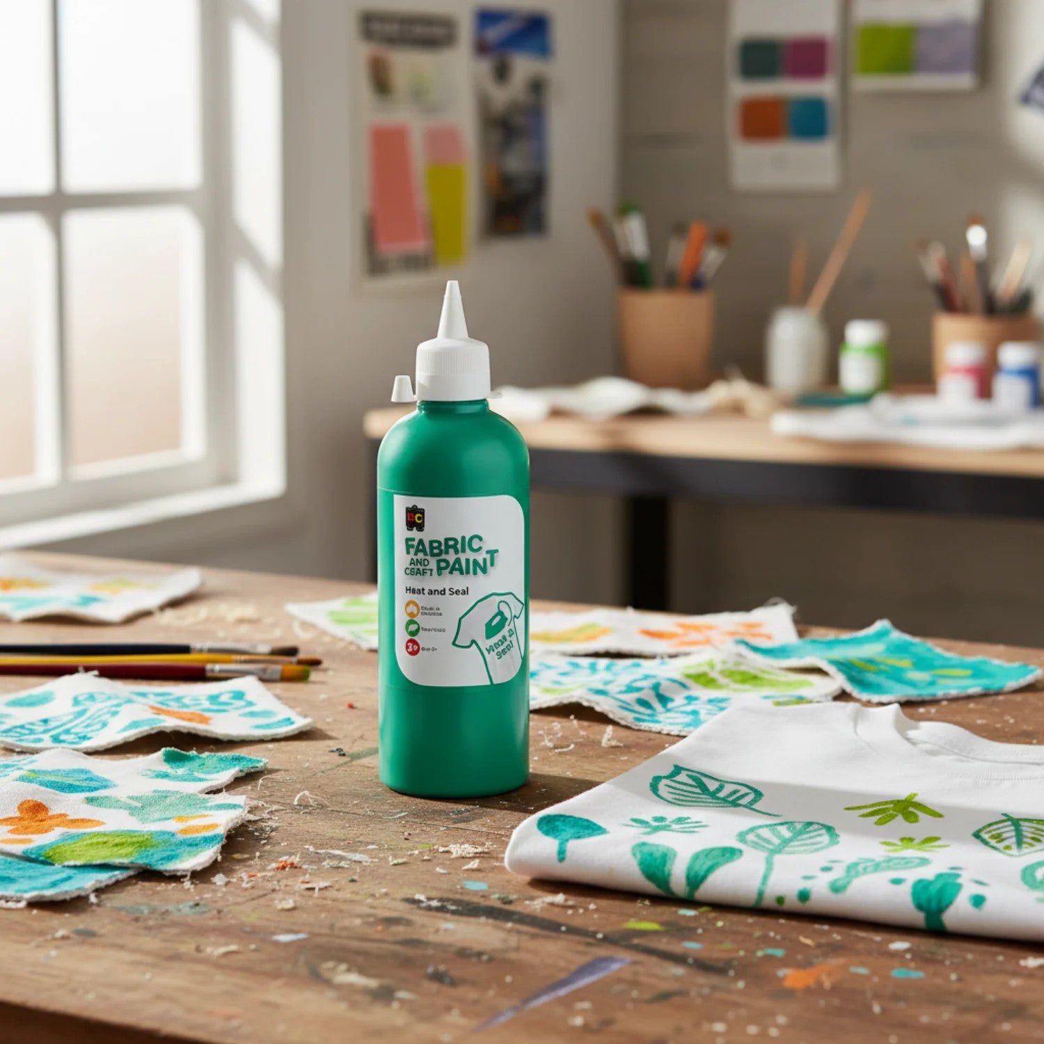 Educational Colours Fabric and Craft Paint 500ml Forest Green displayed on a rustic craft table surrounded by painted fabric samples, brushes, and a white shirt featuring green botanical themed artwork.
