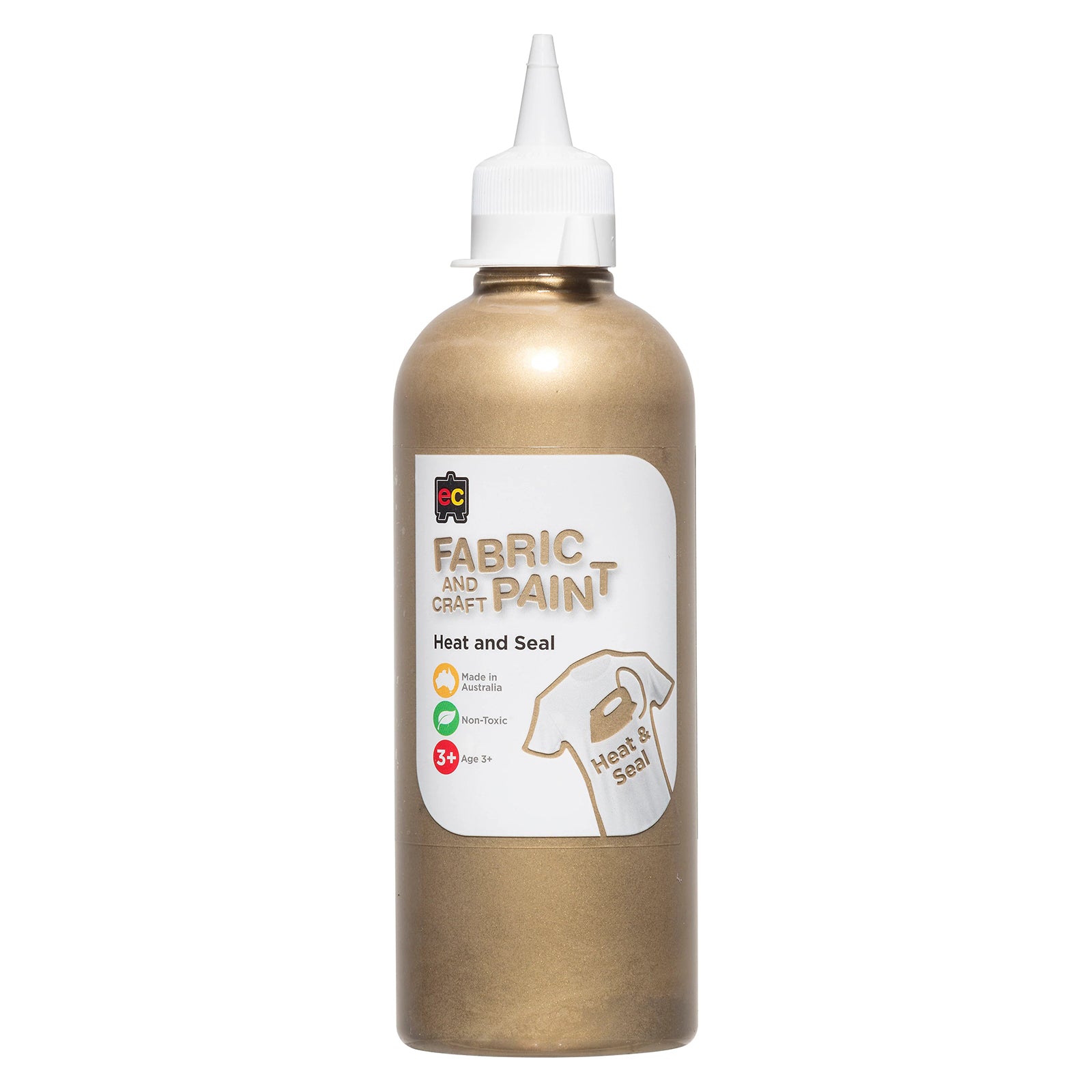 Educational Colours Fabric and Craft Paint 500ml Gold in a squeeze bottle with precision nozzle featuring a metallic gold finish suitable for fabric painting, decorative crafts, canvas artwork, and mixed media projects.