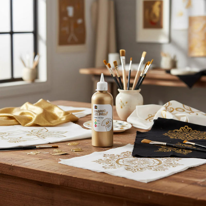 Gold fabric and craft paint bottle positioned in an artist workspace with painted fabric pieces, decorative textile designs, brushes, and metallic gold detailing across multiple craft samples.