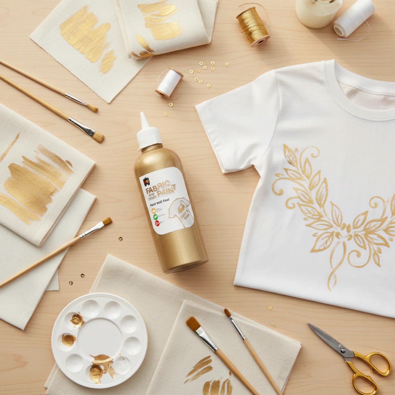 Educational Colours Fabric and Craft Paint 500ml Gold displayed on a craft table surrounded by fabric swatches, paint brushes, scissors, and a white t shirt featuring elegant metallic gold leaf artwork.