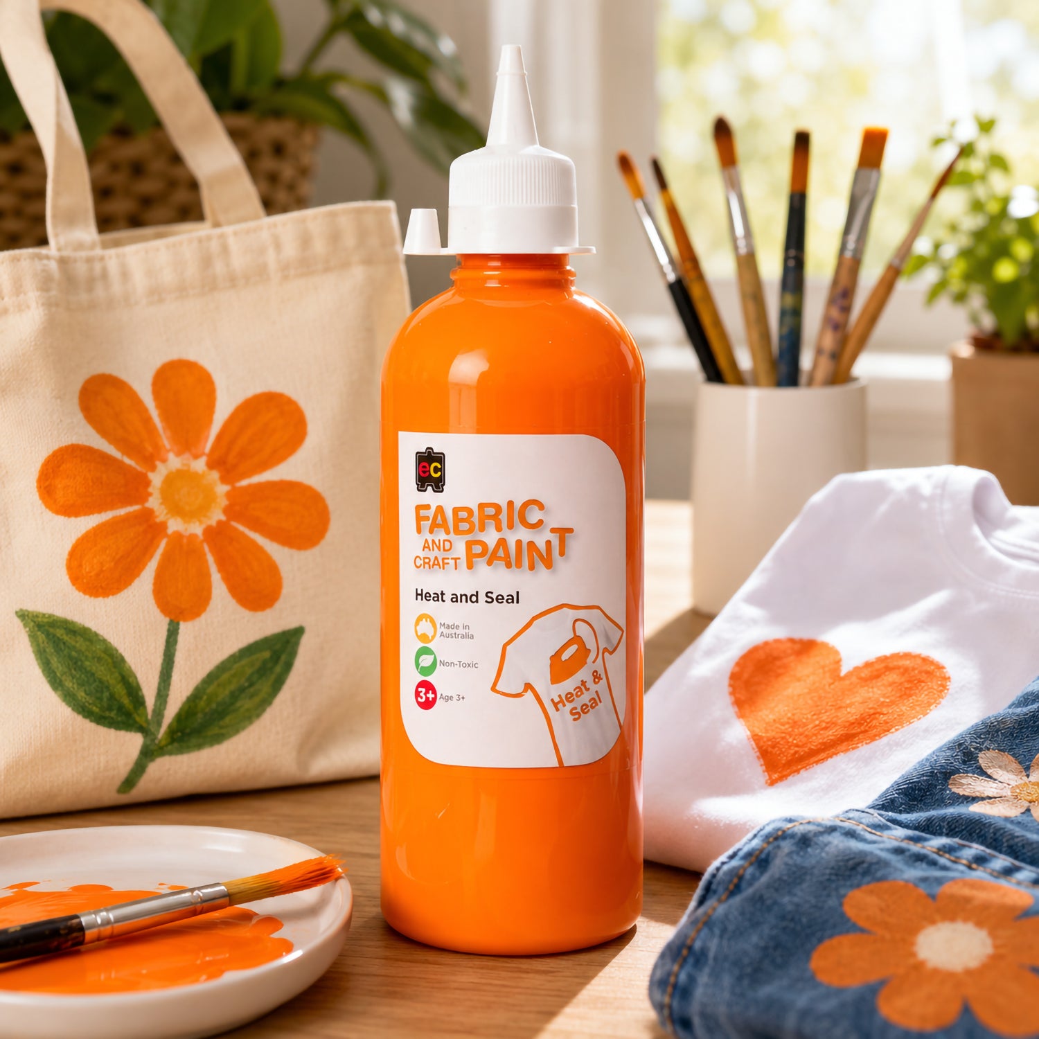 Educational Colours Fabric and Craft Paint 500ml Orange bottle with precision nozzle cap and heat seal label shown against a plain white background.