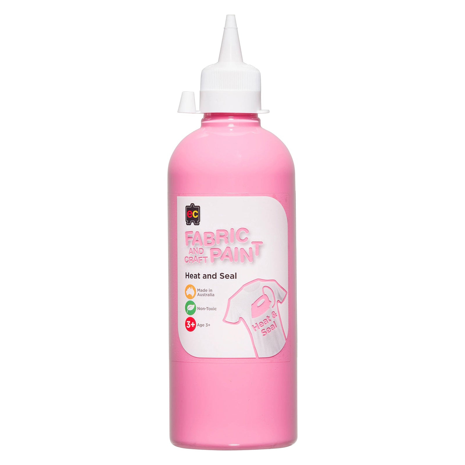 Close up of Educational Colours Fabric and Craft Paint 500ml Pink bottle with precision nozzle cap and product label against a plain background.