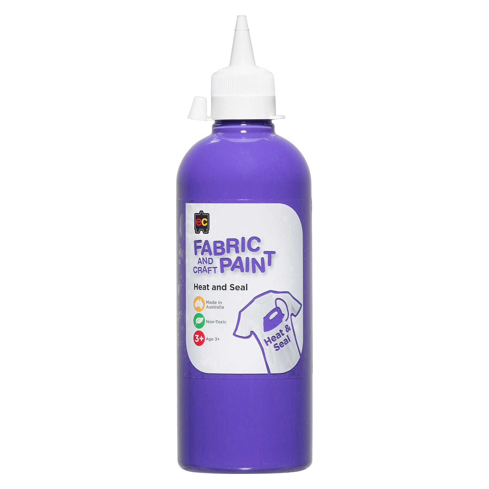 Close up of Educational Colours Fabric and Craft Paint 500ml Purple bottle with precision nozzle applicator and product label against a plain background.