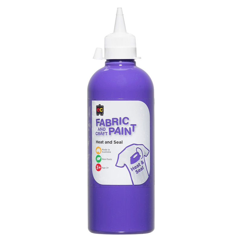 Close up of Educational Colours Fabric and Craft Paint 500ml Purple bottle with precision nozzle applicator and product label against a plain background.
