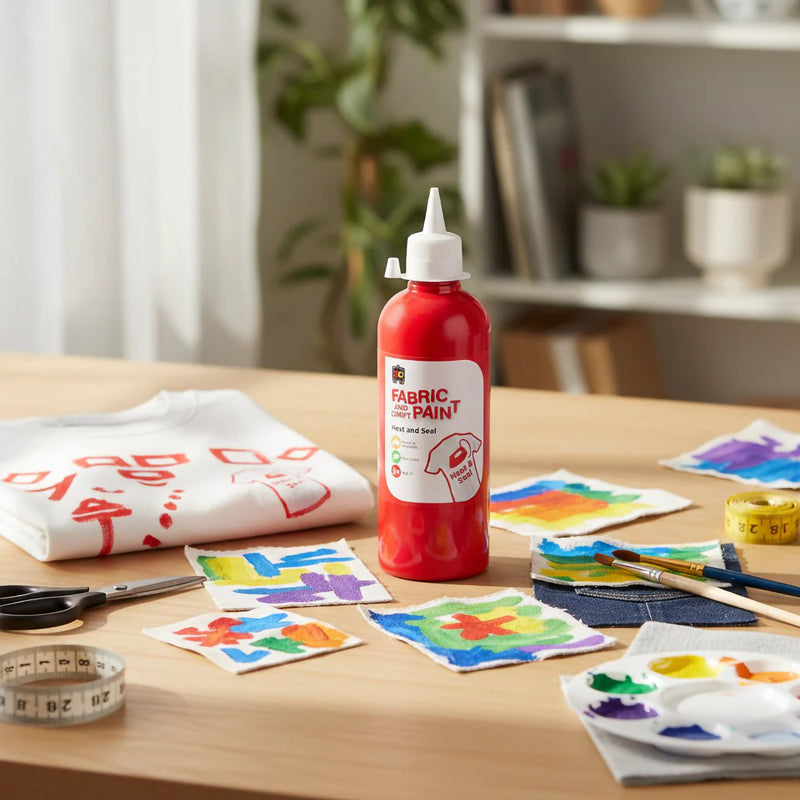 Red fabric paint bottle positioned on a creative workspace with painted fabric samples, measuring tape, brushes, scissors, and vibrant textile artwork.
