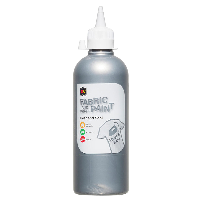 Educational Colours Fabric and Craft Paint 500ml Silver in a squeeze bottle with precision nozzle featuring a metallic silver finish suitable for fabric painting, decorative crafts, canvas artwork, and mixed media projects.