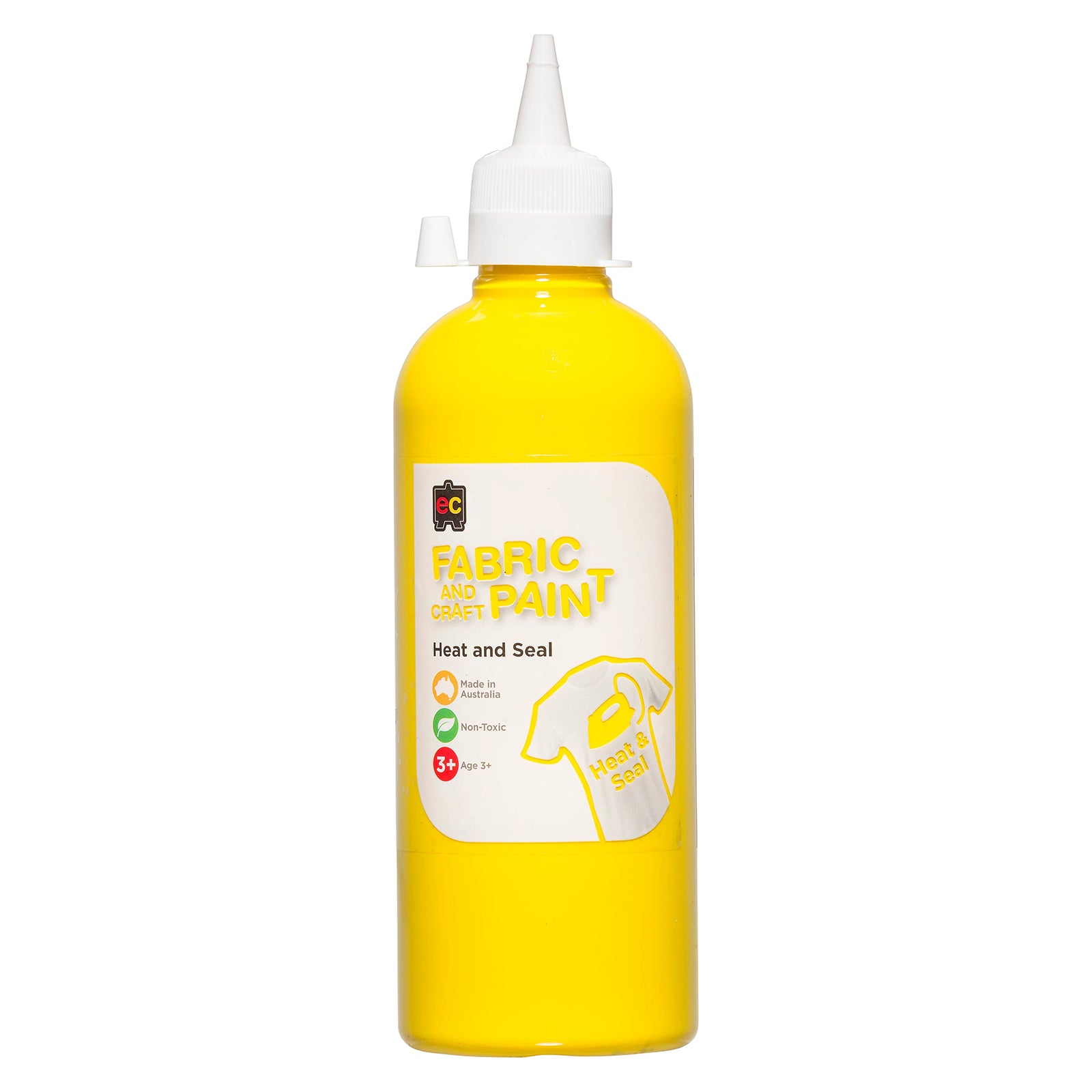 Educational Colours Fabric and Craft Paint 500ml Yellow in a squeeze bottle with precision nozzle suitable for fabric painting, classroom crafts, canvas artwork, and decorative mixed media projects.