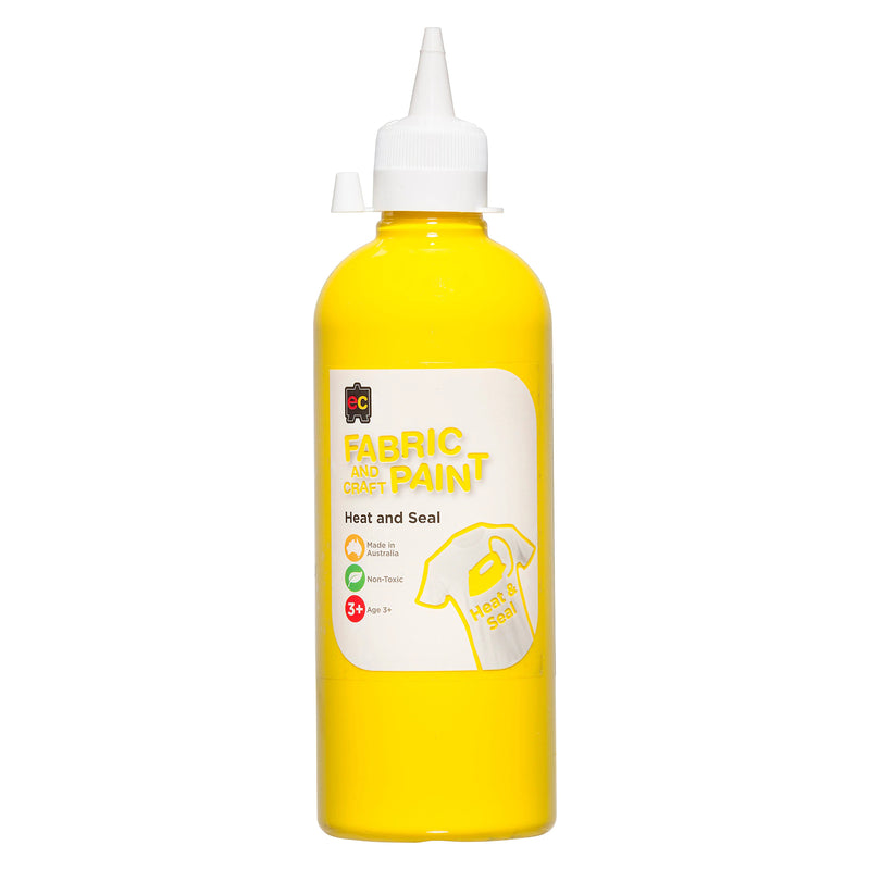 Educational Colours Fabric and Craft Paint 500ml Yellow in a squeeze bottle with precision nozzle suitable for fabric painting, classroom crafts, canvas artwork, and decorative mixed media projects.