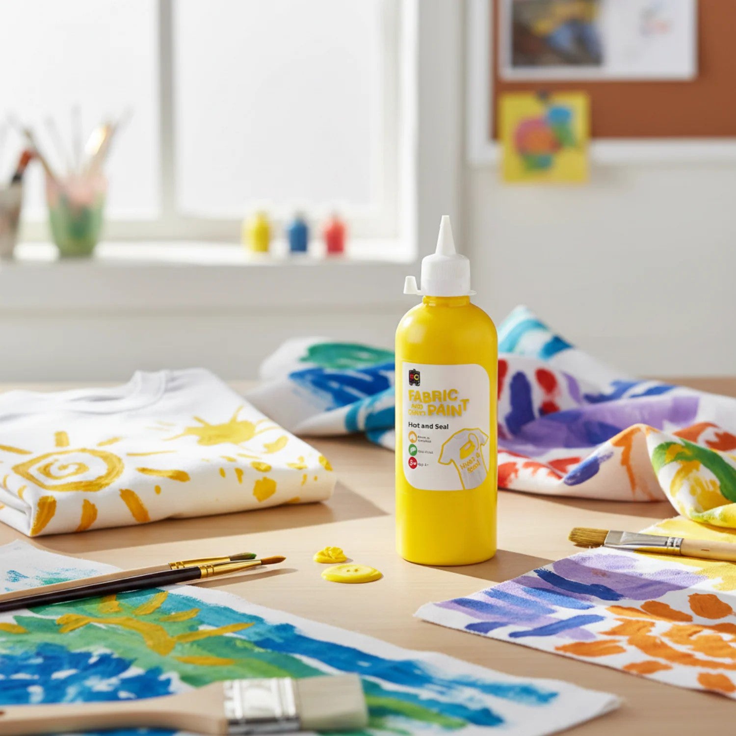 Educational Colours Fabric and Craft Paint 500ml Yellow displayed on a craft table surrounded by colourful painted fabric samples, brushes, and creative textile artwork in a bright classroom setting.