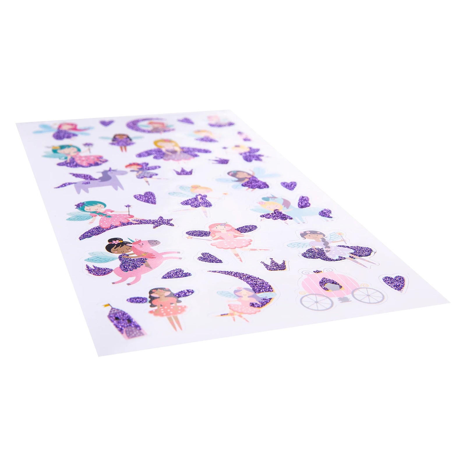 Angled view highlighting the glitter finish across the fairy themed stickers. Sparkling purple accents catch the light while colourful fairies and unicorns create a whimsical display.