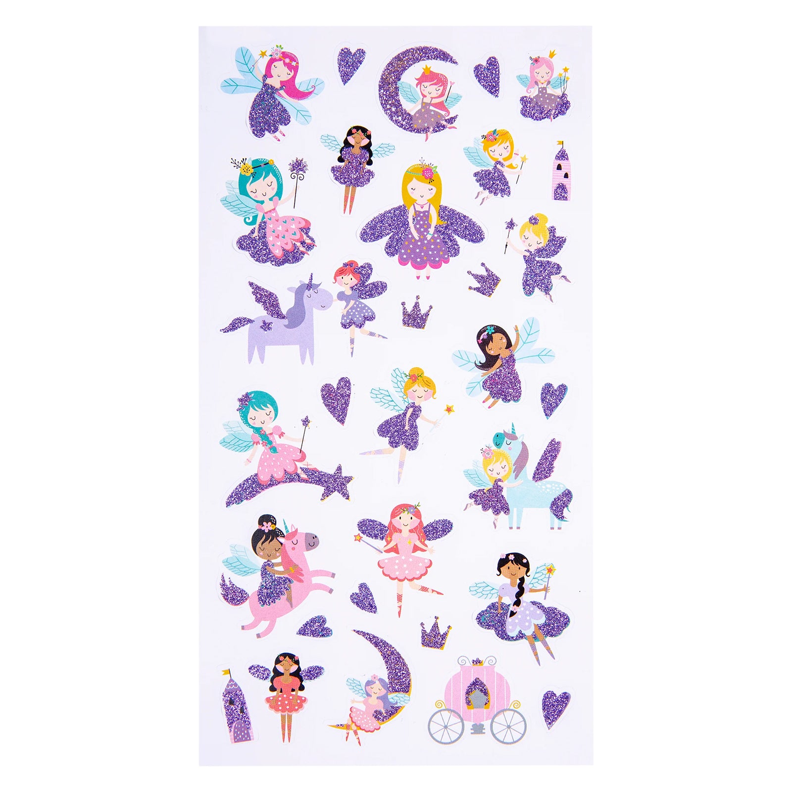 Full sticker sheet showing all 31 Fairy Friends glitter stickers including fairy characters, castles, crowns, hearts, unicorns and magical moon themed designs.