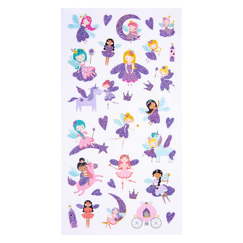 Full sticker sheet showing all 31 Fairy Friends glitter stickers including fairy characters, castles, crowns, hearts, unicorns and magical moon themed designs.