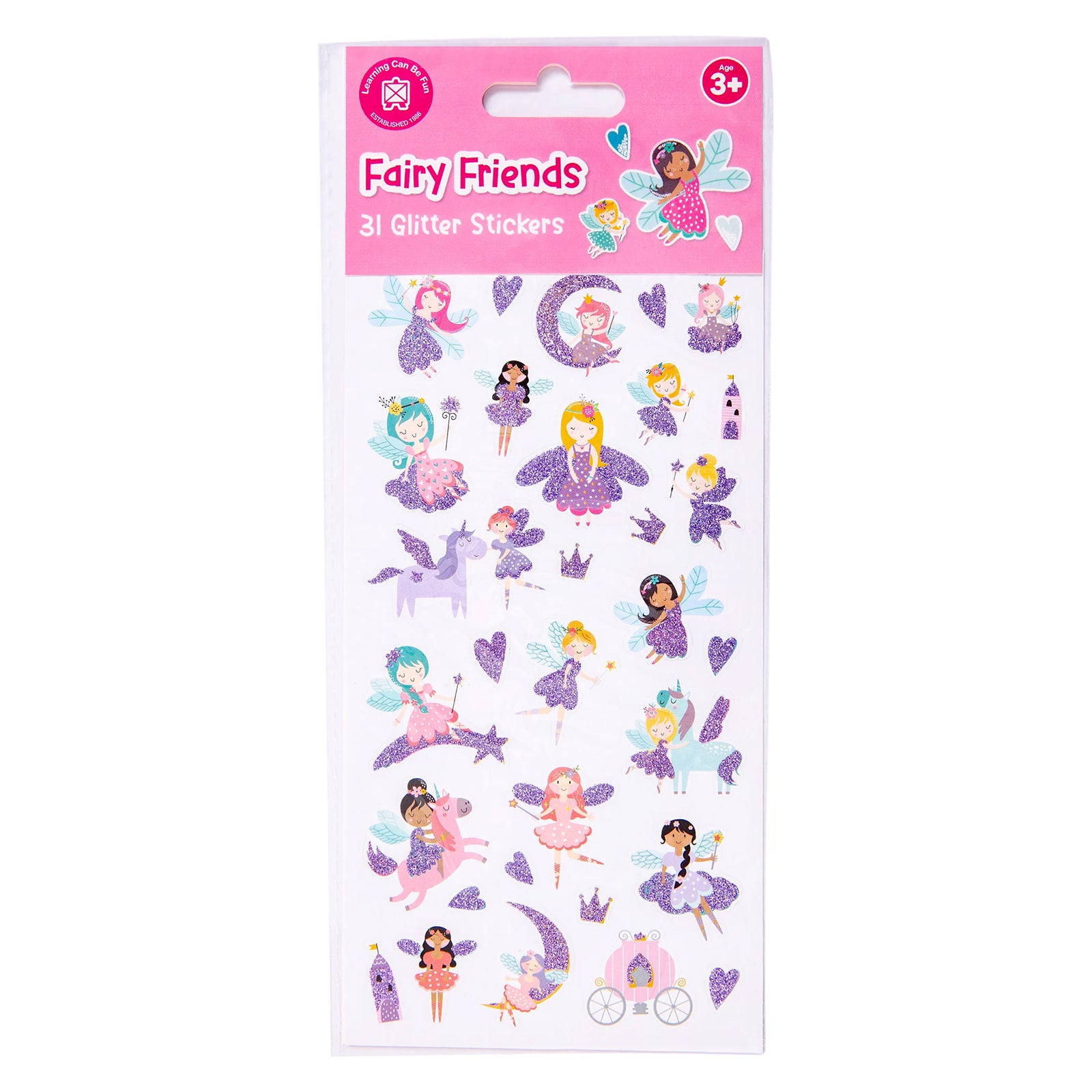 Retail packaging of the Fairy Friends Glitter Sticker Set featuring Learning Can Be Fun branding, age recommendation and a preview of the sparkling fairy themed sticker collection.