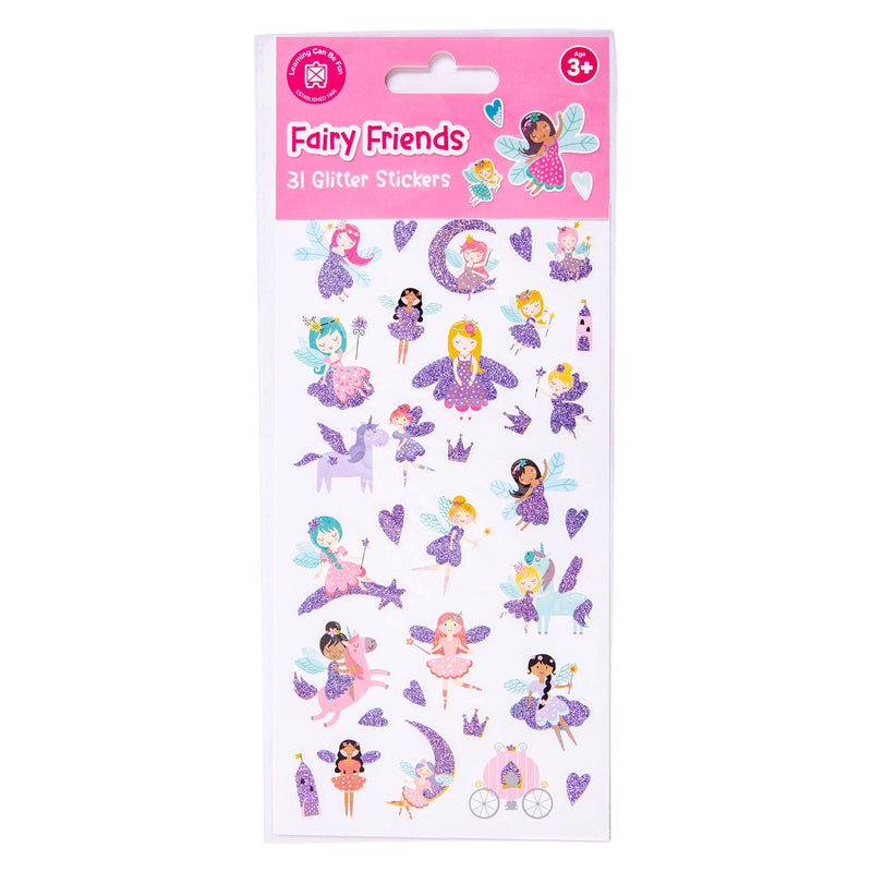 Retail packaging of the Fairy Friends Glitter Sticker Set featuring Learning Can Be Fun branding, age recommendation and a preview of the sparkling fairy themed sticker collection.
