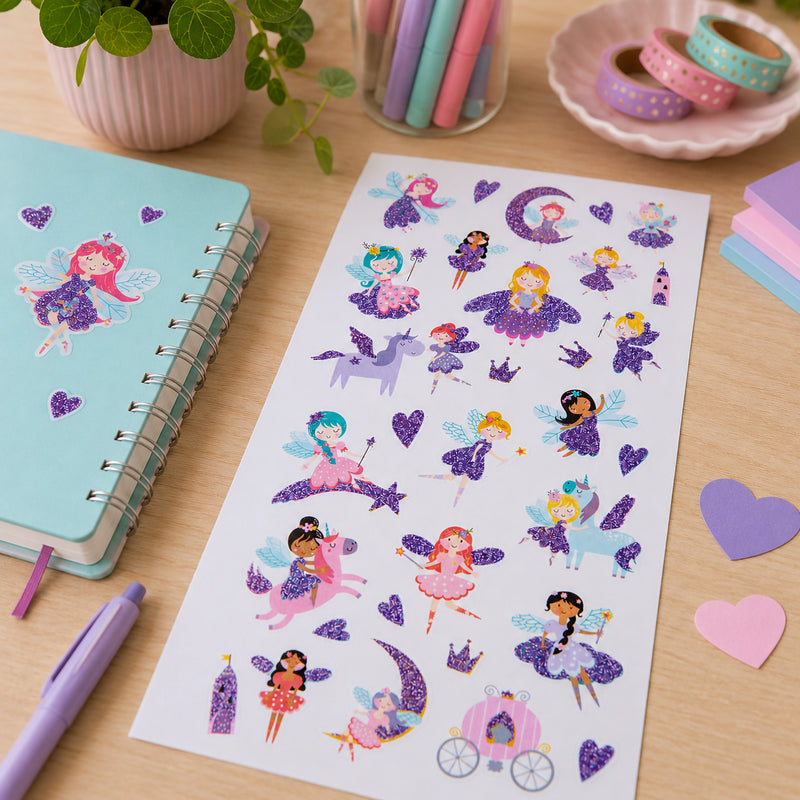 Fairy Friends glitter sticker sheet displayed beside notebooks, washi tape and craft supplies. Glitter accented fairies, castles, moons and unicorns create an enchanting fantasy themed collection.