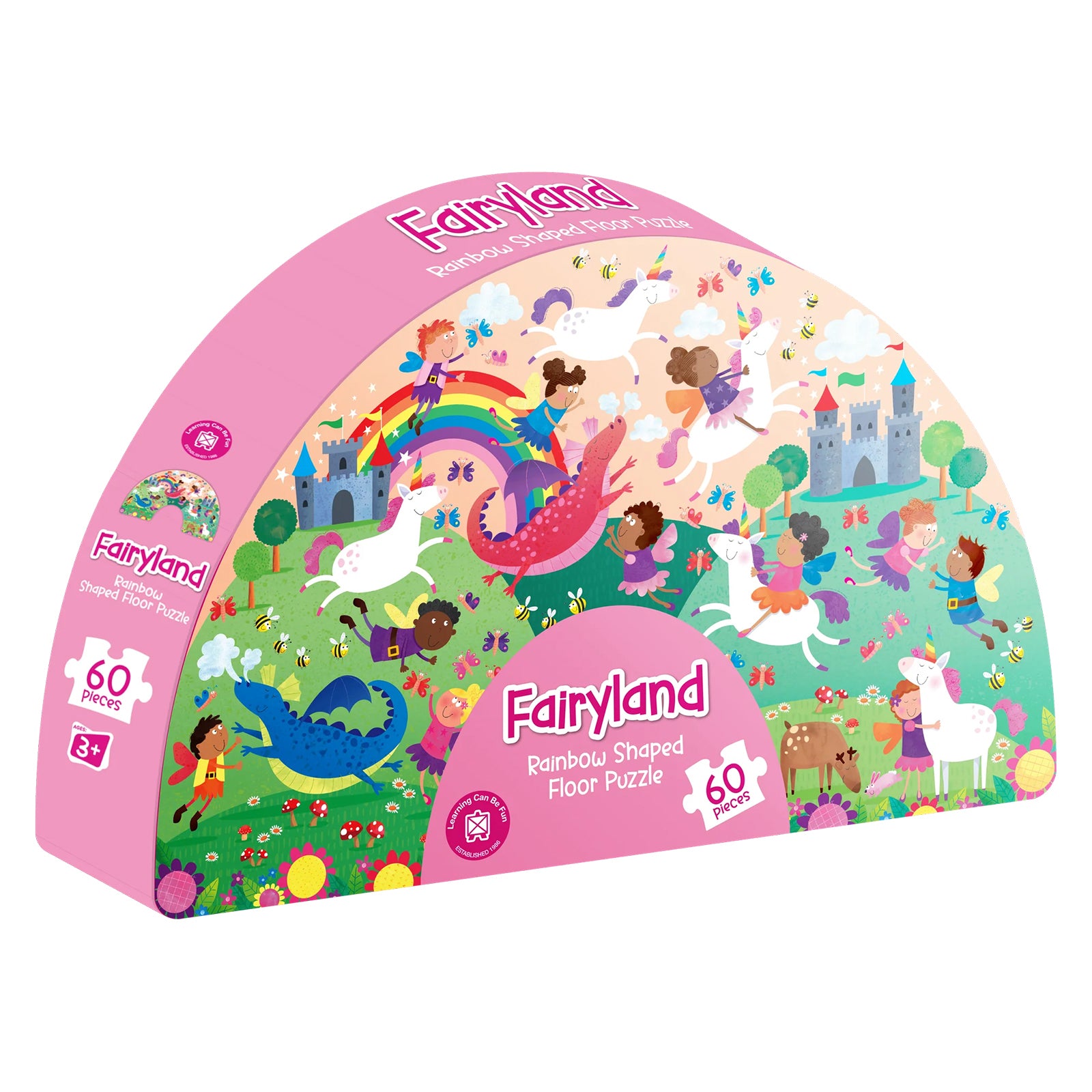Retail packaging for the Fairyland Rainbow Shaped Floor Puzzle featuring the completed rainbow shaped artwork on a bright pink box. The packaging highlights the 60 piece count and fantasy themed design suitable for children aged three years and above.