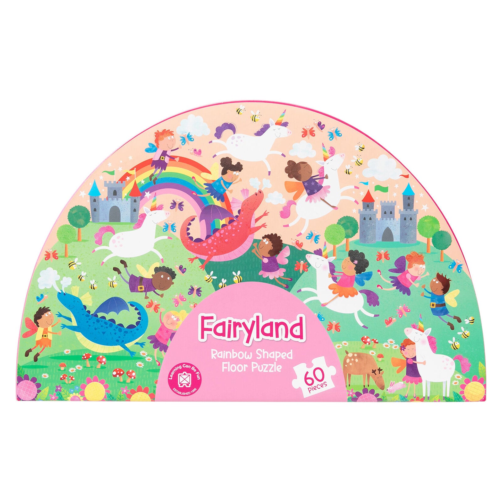 Front view of the Fairyland Rainbow Shaped Floor Puzzle showing the colourful completed artwork. The puzzle features cheerful fairies, playful dragons, unicorns, castles and floral scenery arranged within a distinctive rainbow shaped layout.