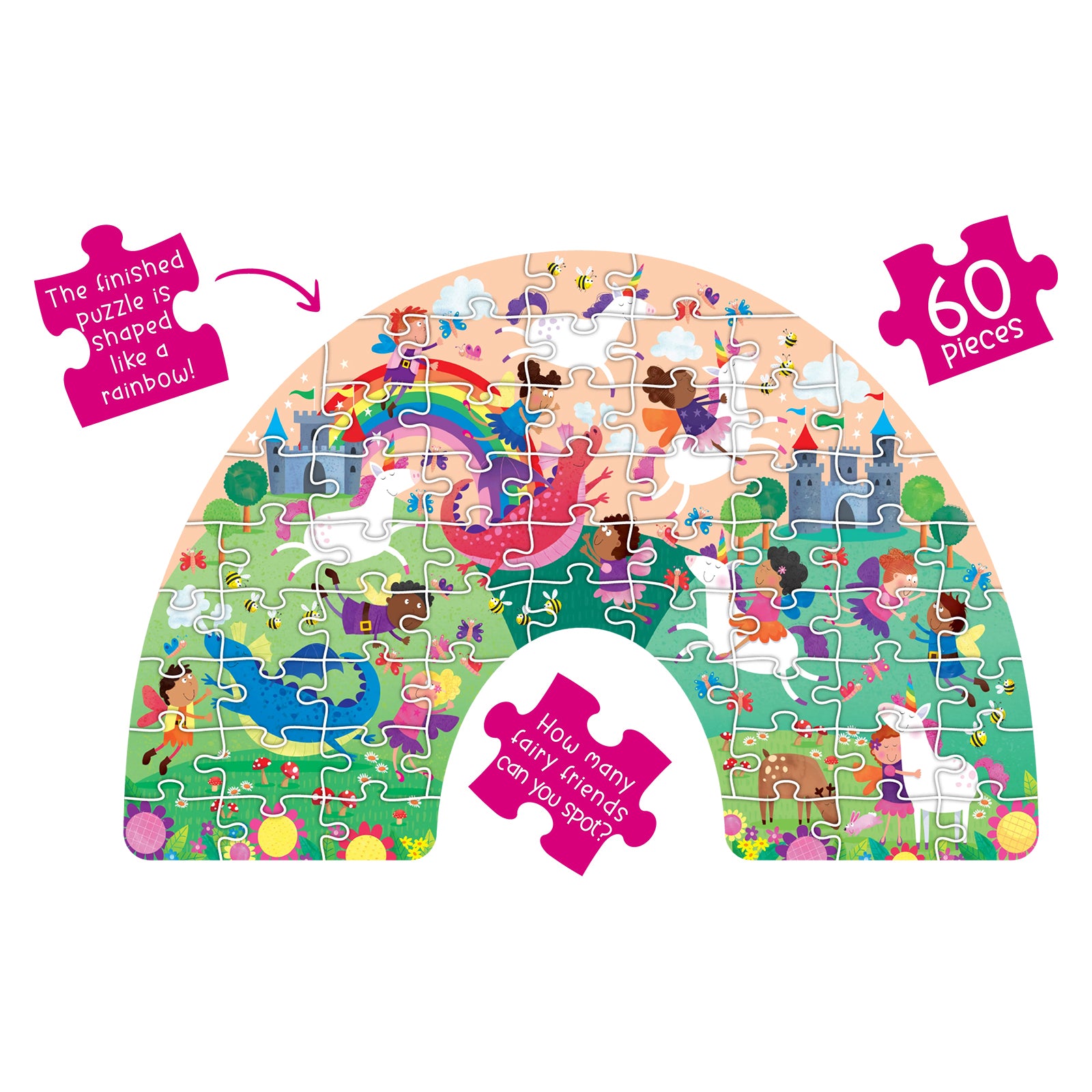 The completed Fairyland Rainbow Shaped Floor Puzzle displayed against a neutral background. The 60 piece puzzle forms a rainbow shape and reveals a magical world filled with fairies, dragons, unicorns, castles, flowers and colourful fantasy details.