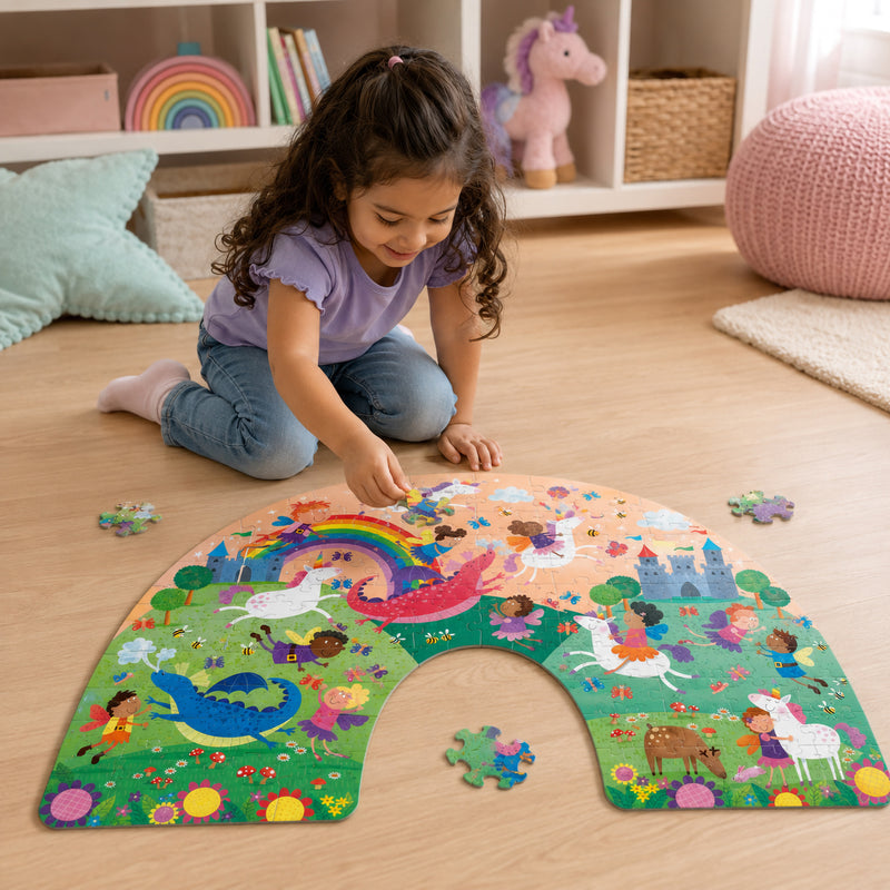 A young learner enjoys building the Fairyland puzzle on a wooden floor surrounded by soft furnishings and educational toys. The rainbow shaped design features whimsical characters, unicorns, dragons and castles that inspire storytelling and creative exploration.