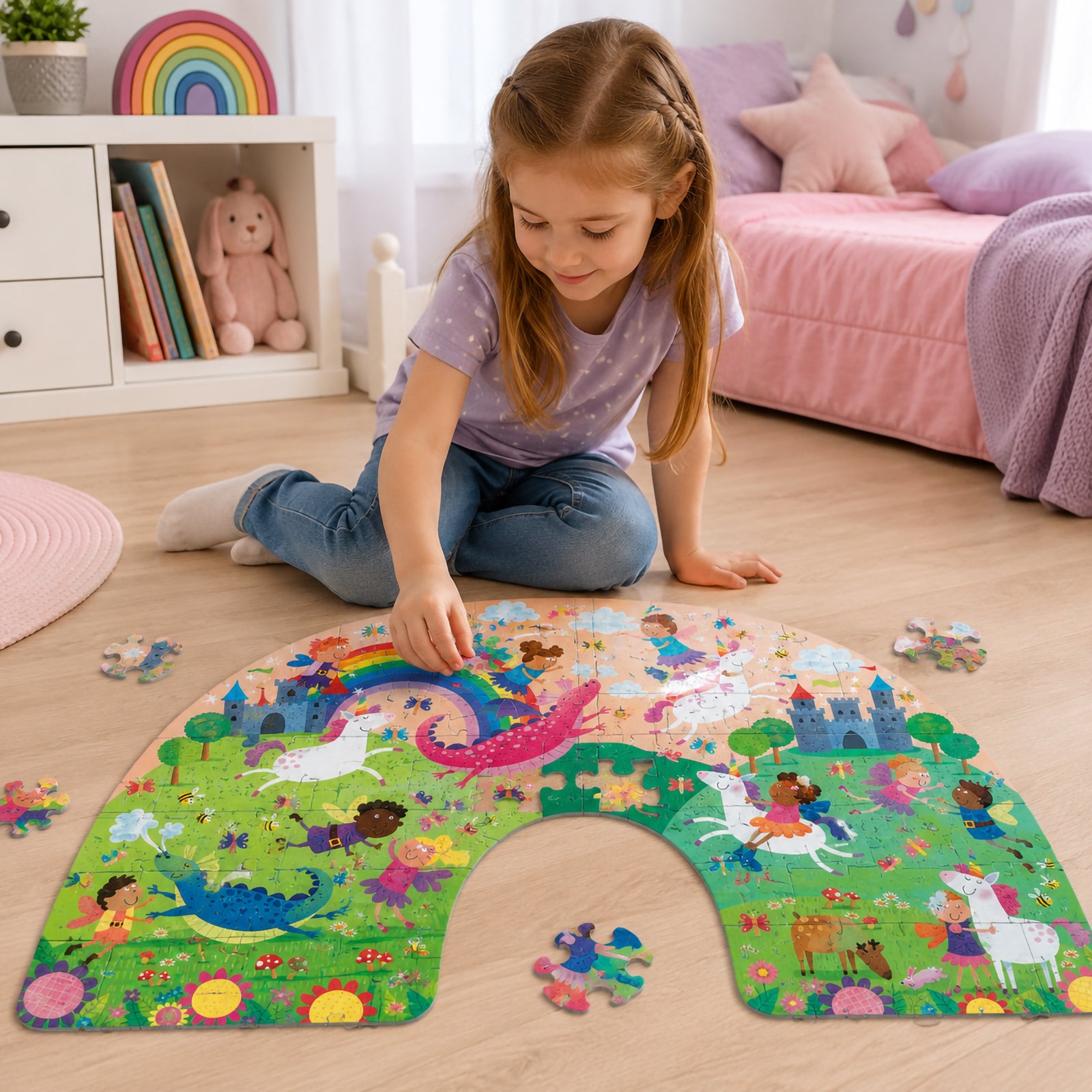 A child sits beside the nearly completed Fairyland Rainbow Shaped Floor Puzzle, carefully placing a piece into the vibrant fantasy scene. The puzzle showcases magical creatures, flying fairies and colourful landscapes while promoting concentration, coordination and problem solving skills.