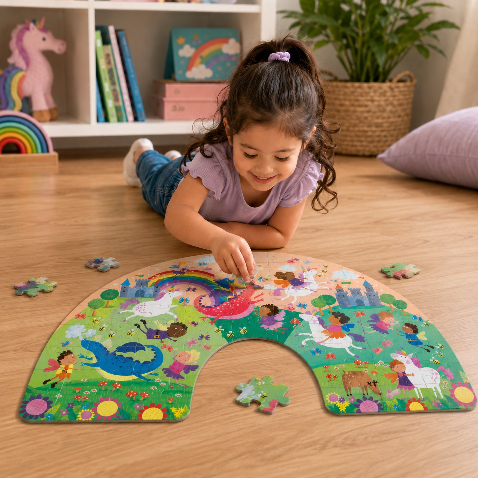 A young child lies on a timber floor while assembling a colourful rainbow shaped floor puzzle featuring fairies, dragons, unicorns, castles and flowers. The bright fantasy artwork encourages imaginative play in a cosy learning environment with bookshelves, rainbow toys and soft furnishings in the background.