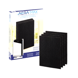 AeraMax carbon filters box with a DX95 purifier pictured, beside four large black carbon filters, box printed works with AeraMax DX95, 290 and 300