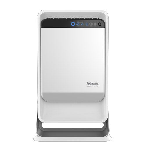 Front view of a white AeraMax Pro AM 2 air purifier sitting on the floor stand, purifier sold separately