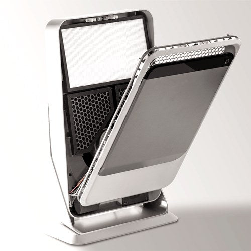AeraMax Pro AM 2 on its floor stand with the front panel swung open to show the filters inside