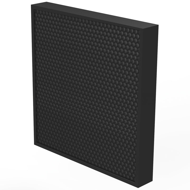 Single AeraMax Pro AM 3/4 full carbon filter seen from the left, deep black frame around a honeycomb carbon face