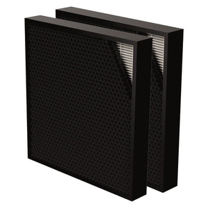 Two AeraMax Pro hybrid filters, black honeycomb carbon face with a corner peeled back to show white pleated media behind