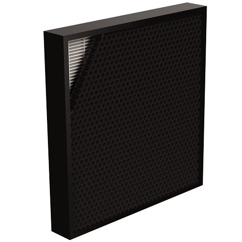 Single AeraMax Pro hybrid filter seen from the right, black frame with carbon face and white pleats visible at one corner